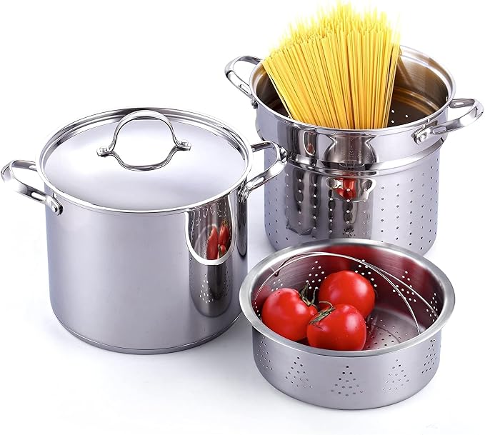 Cooks Standard 12 Quart Pasta Pot Set 4-Piece 18/10 (304) Stainless Steel | Multipurpose Stock Pot with Strainer Insert & Steamer Basket, Spaghetti Cooker with Lid, Induction Compatible
