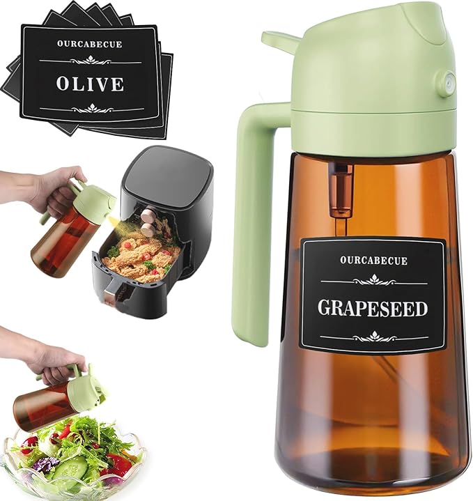 Olive Oil Sprayer & Dispenser Bottle for Cooking 16oz Dark Glass Oil Mister | 2-in-1 Oil Sprayer & Pourer, Fine mist, Light-Blocking, Wide Mouth for Easy Refill & Clean, 8 Oil Labels, Reusable