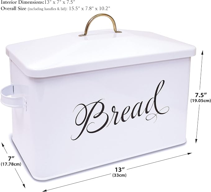 Better Kitchen Products Classic Metal Bread Box with Side Handles, Large Capacity (2 Bread Loaves), Farmhouse Bread Bin for Kitchen Countertop, Steel Bread Storage Container with Lid, White