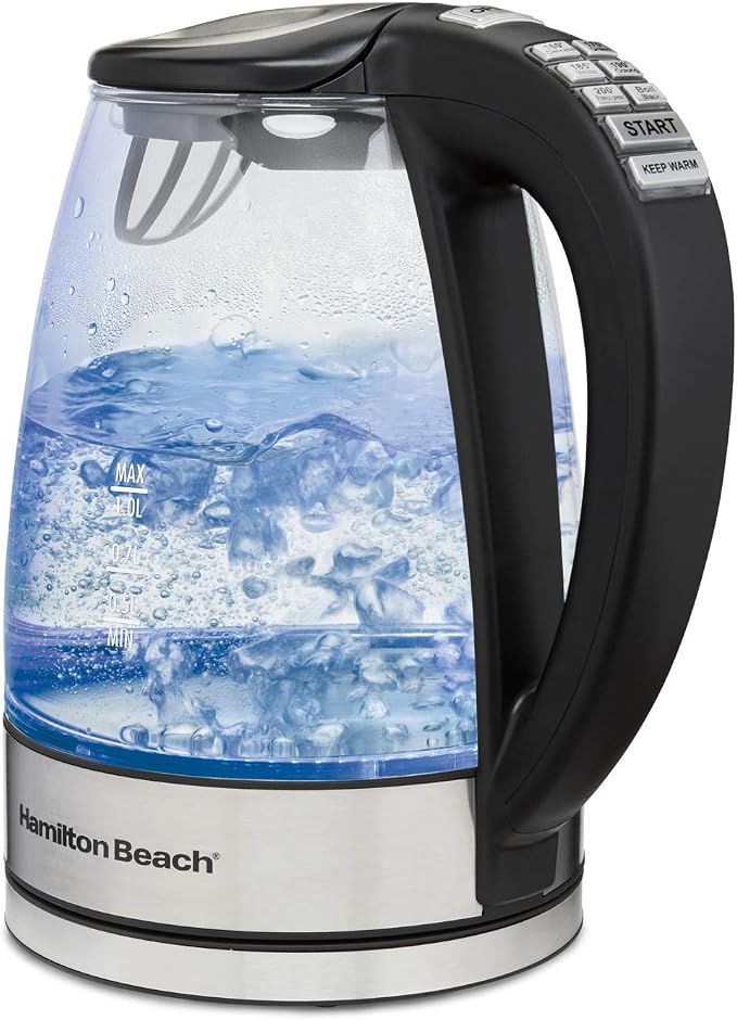 Hamilton Beach 1.7 Liter Electric Tea Kettle, Water Boiler & Heater | Fast Boiling 1500 Watts | Variable Temp | Cordless Serving | Auto-Shutoff & Boil-Dry Protection | LED Indicator | Glass