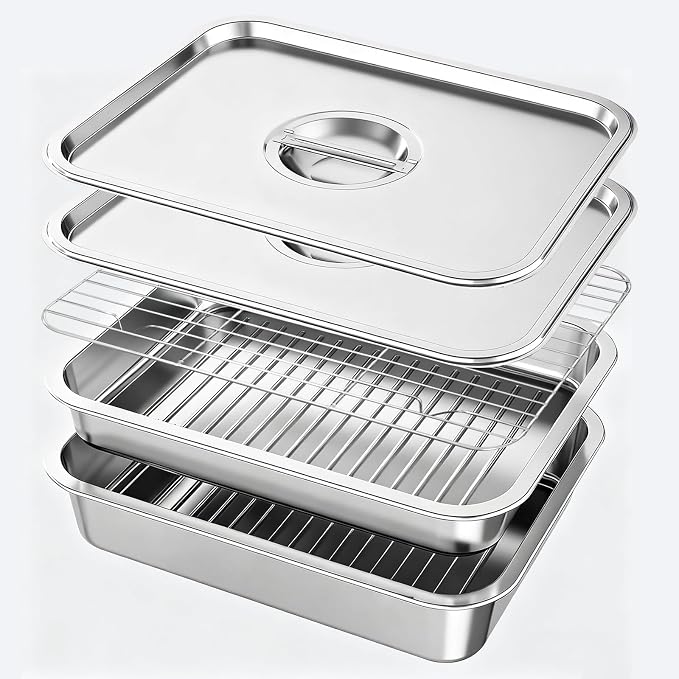 Grill Prep & Serve Tray Set with Lids 5-Piece Grill Carry System | Food Prep System for Marinating, Carrying & Serving, Stainless Steel BBQ Trays for Raw & Cooked Food Separation