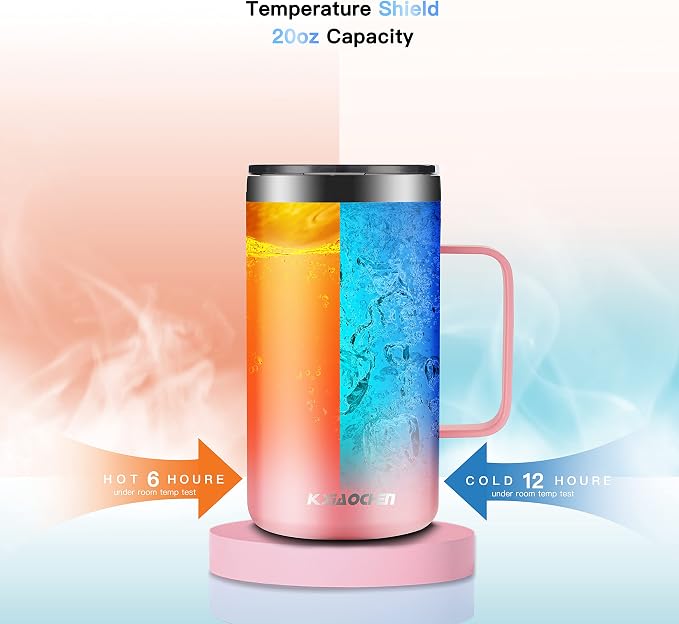 KXIAOCHEN 20 oz Insulated Coffee Mug, Coffee Cup with Lid and Wide Handle | 18/8 stainless steel, 6+ hours hot or 12+ hours cold, wide mouth, no-sweat exterior, for office, work, home and camping