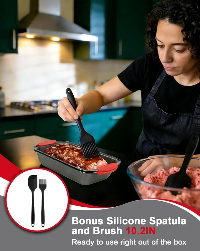 Meatloaf Pan with Drain Tray, 2PCS Nonstick Meat Loaf Pan with Drip Insert | Includes Spatula & Basting Brush, Versatile Baking Pan with Silicone Grip for Meatloaf, Bread, Roast, Cakes, Carbon Steel