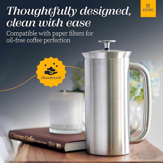 ESPRO P7 French Press, 32oz, Brushed, Stainless Steel Coffee Maker | Double Filter Coffee Press, Grit-Free Coffee, Heat Resistant Insulated tea Press, Easy Hot and Cold Coffee Brewer, Tea Brewer