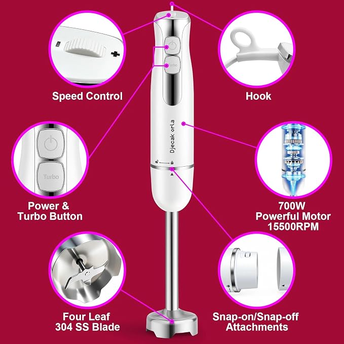 Upgraded 700W Immersion Hand Blender, White | 20 Variable Speeds, Up to 15,500 RPM Stick Mixer for Smoothies,Soup, Puree & Baby Food
