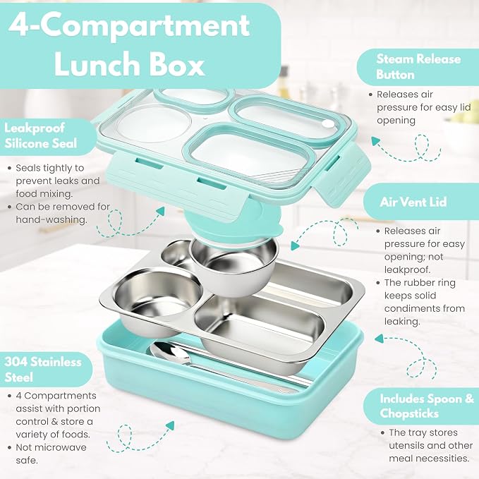 Homaze Kids Adults Stainless Steel Bento Box, 4-Compartment Metal Lunch Box