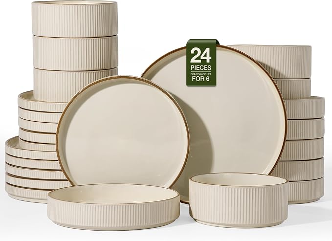 Famiware Stoneware Dinnerware Sets with Pasta Bowls, Rimmed Dishes for 6 | 24-Piece Creamic Double Bowls & Flat Plates, Chip & Scratch Resistant, Microwave & Dishwasher Safe, Everyday Dining, Cream