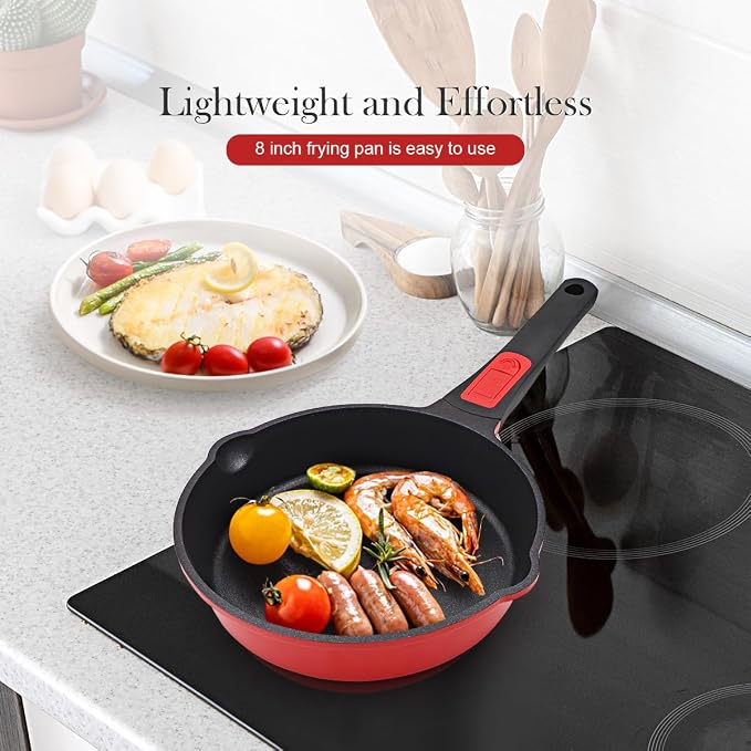 Small 8 Inch Frying Pan Skillet with Lid, Non Stick Saute Pan, Egg Pan Nonstick with Detachable Handle, Induction Compatible, Oven Safe, PFOA PFOS APEO Free, Red