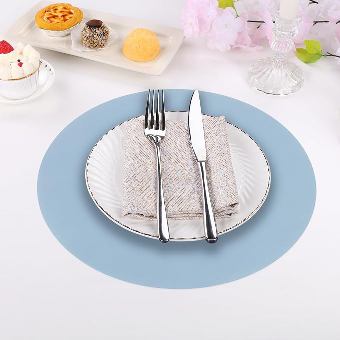 SHACOS 100 PCS Round Paper Placemats 13 inch Disposable Paper Place Mats for Dinner Wedding Birthday Party Festival Table Decoration Indoor Outdoor, Dusty Blue (Pack of 2)