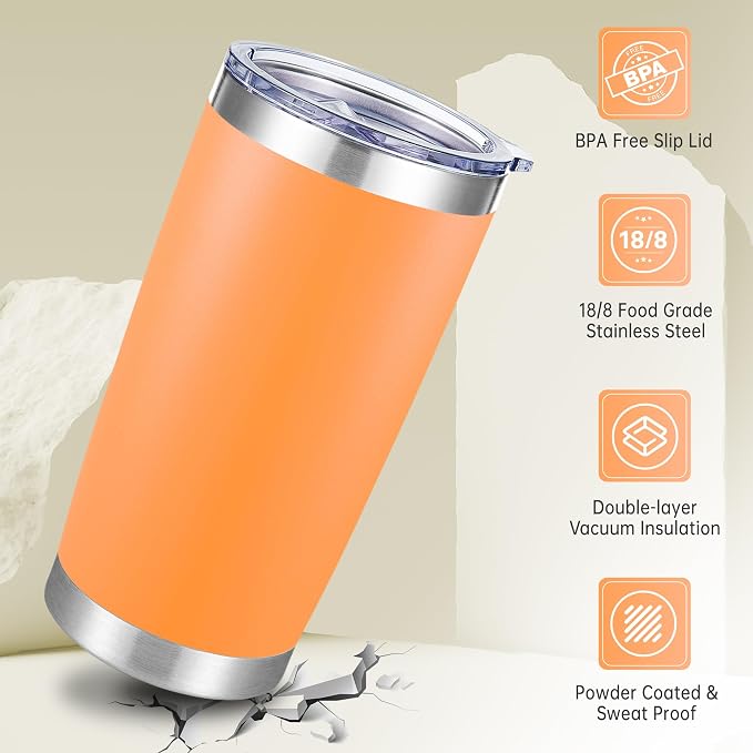 20 oz Tumblers Bulk Stainless Steel Tumbler with Lid, 12 Pack | Orange, 20oz Insulated Coffee Mug, Double Wall Vacuum, Powder Coated Cup, for Hot and Cold Drinks