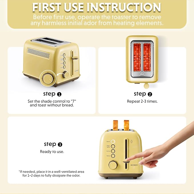 BUYDEEM DT620 2-Slice Toaster, 7 Shade Settings, Extra Wide 1.5'' Slots for Bagel & English Muffin, 6 Toasting Functions, Retro Stainless Steel Toaster with High Lift Lever, Mellow Yellow