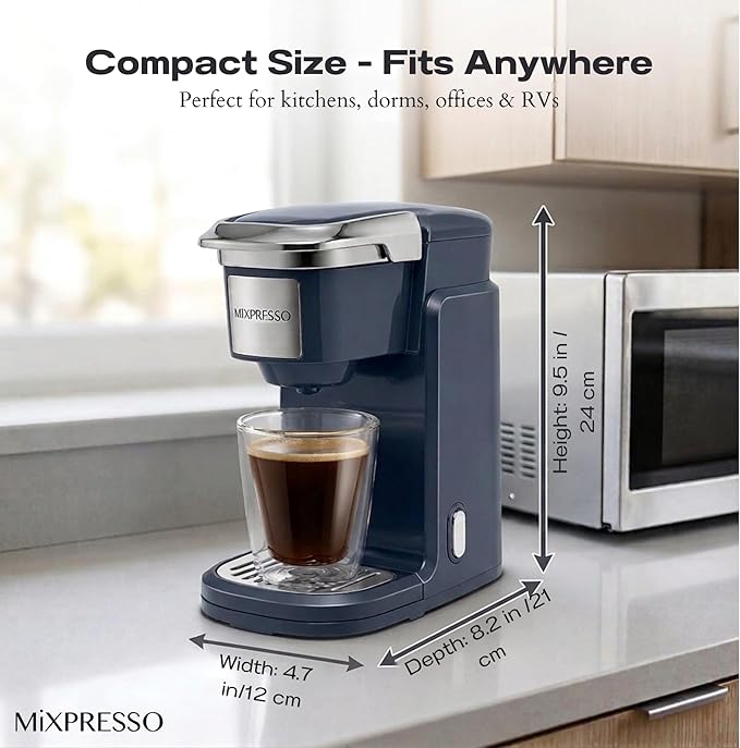 Mixpresso Single Serve Coffee Maker K Cup Coffee Maker for K Pods & Grounds | Compact 800W Gray Coffee Machine with 12 Oz Water Tank, Fast Brew & Auto Shut-Off, Small Design for Travel, Office, RV & Dorm