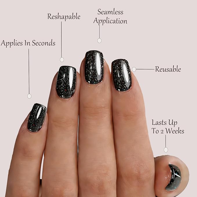 Black Press On Nails Square,Glitter -Short with Nail Glue | Apply Protective UV coating, 2+Weeks wear, Salon Quality Nails in 12 Sizes - 24 Nail Kit with Glue