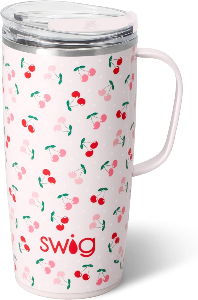 Swig Life 22oz Insulated Travel Mug with Handle & Lid, Cherry Pie | Triple Insulated Stainless Steel - Handle & Lid Included - Keeps Coffee Hot or Cold - Cup Holder Friendly