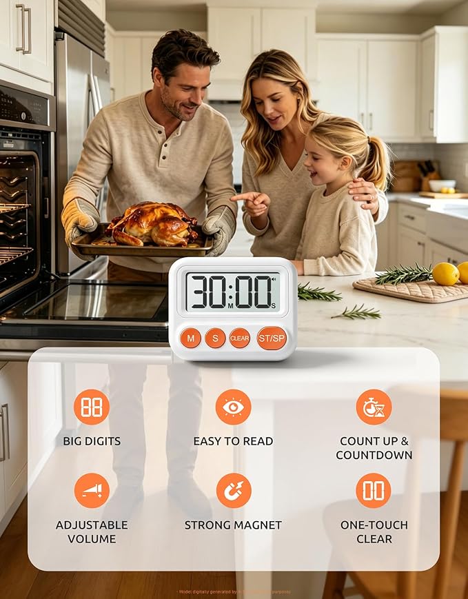 Digital Kitchen Timer, Magnetic Countdown Timer with Large LCD Display | Loud, Low & Silent Alarm Modes,Count Up & Countdown,Strong Magnet,Foldable Stand,Hole for Cooking, Study & Daily Tasks