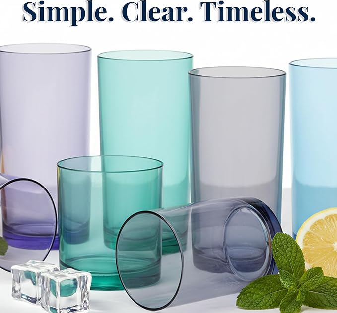 US Acrylic Classic Plastic Reusable Drinking Glasses (Set of 8) 12oz Rocks & 16oz Water Cups in Coastal Colors | BPA-Free Tumblers, Made in USA | Top-Rack Dishwasher Safe