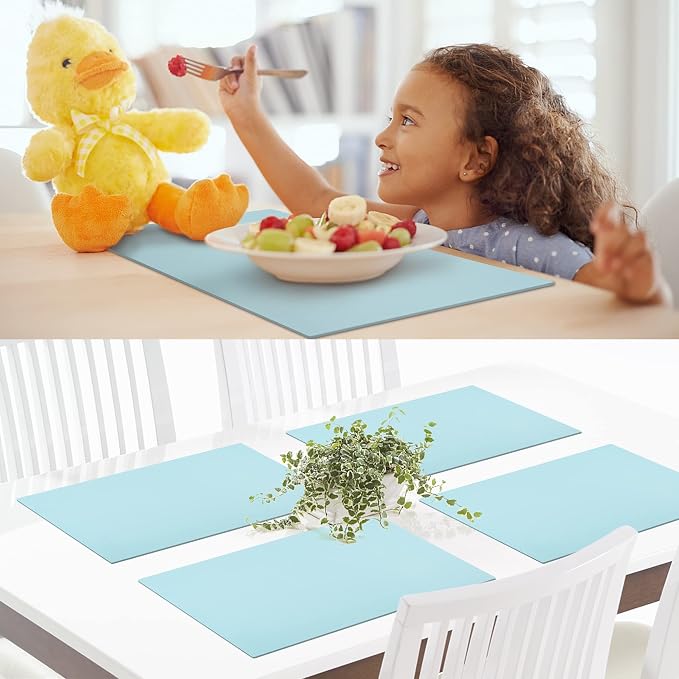 IYYI Silicone Placemats, Dining Placemats Set of 4, Waterproof Placemats for Kids, Non-Slip Silicone Mats for Dinner Table, Heat Resistant & Dishwasher Safe (Light Blue, 17.6" ×12.5")