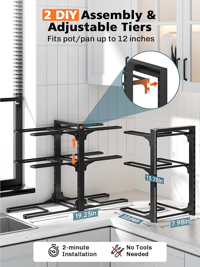 MUDEELA 6-Tier Heavy Duty Pots and Pans Organizer under Cabinet, 13.78" H | Work as a Single or Double-sided, Adjustable Pot Rack for Frying Pan, Cast Iron Skillet, Fits Various Cookware up to 12"