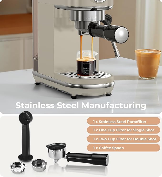atatix 20 Bar Espresso Machine with Milk Frother, Compact Espresso Maker | Stainless Steel Coffee Machine with Precise Temp Control & 44oz Removable Water Tank for Latte, Cappuccino, Light Grey