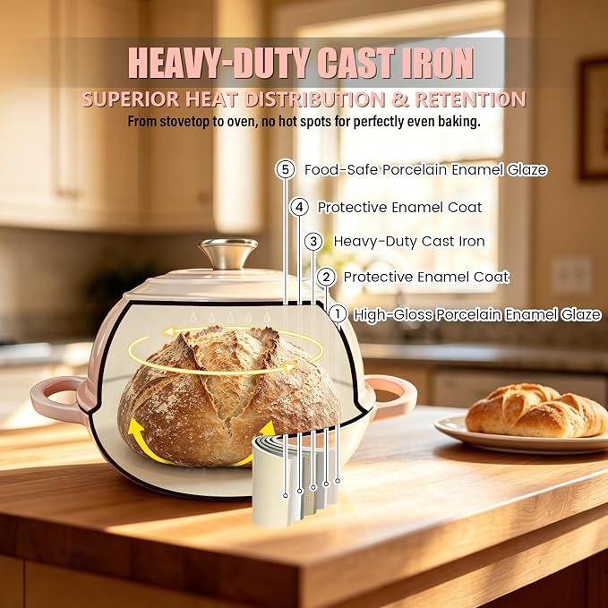 Cast Iron Bread Dutch Oven 6QT Cream Enameled with Lid | Even Heat and Steam for Crispy Crust, Easy-release Enamel, All Stovetops, Safe to 500F, For Sourdough and Artisan Bread