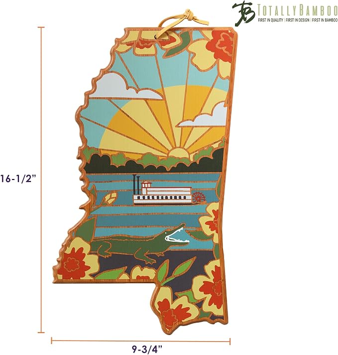Totally Bamboo Mississippi State Shaped Cutting Board, Summer Stokes Art | State charcuterie board with colorful hand-drawn landscape art. Smooth reverse side for food prep. Hang tie for wall display.