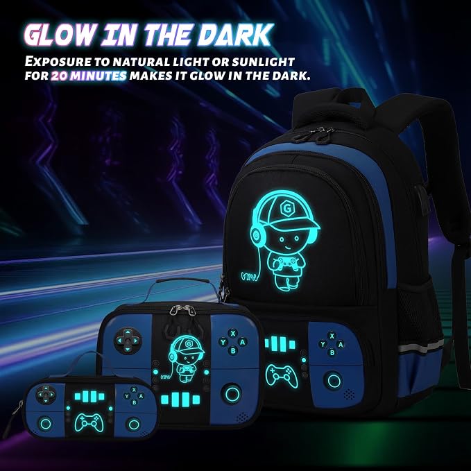 Backpack for School Boys, Cool Luminous Gamer Boys Schoolbag | with Lunch Box & Pencil Case Set for Kids Teens Elementary Middle School, Bookbag Glow In The Dark