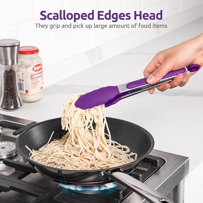 U-Taste Kitchen Tong for Cooking, 600ºF Heat-Resistant Tps, 9in/Purple | Rubber Tong for Serving Food, Salad/Grill/BBQ/Steak/Pasta Silicon Tongs, 18/8 Stainless Steel Handle & Smooth Locking