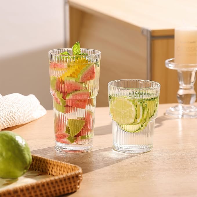 Ribbed Glass Tumbler Drinking Glasses with Lids & Straws, Leak-Proof 20oz and 15oz Glass Cups, 8PCS Glass Tumblers, Ideal for Home, Office, Outdoor Use