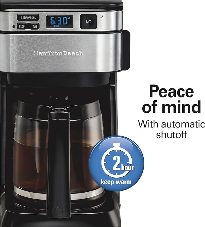 Hamilton Beach FrontFill 12 Cup Programmable Drip Coffee Maker | Regular & Bold Brew Options | Auto Pause and Pour | Glass Carafe | Black with Stainless Accents | 46310