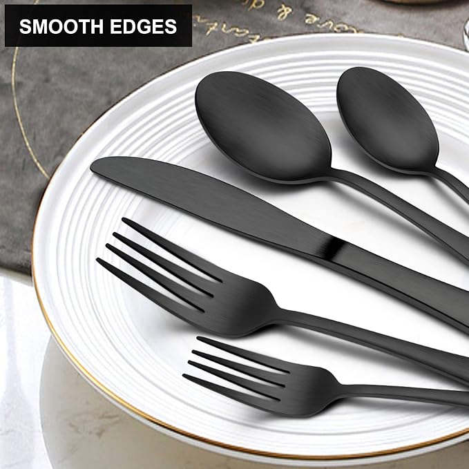 LIANYU 20 Piece Matte Black Silverware Set, Stainless Steel Black Flatware Cutlery Set for 4, Fancy Kitchen Utensil Tableware for Home Restaurant Party, Satin Finish, Dishwasher Safe | Cutlery Set for 4, Fancy Kitchen Utensil Tableware for Home Restaur...