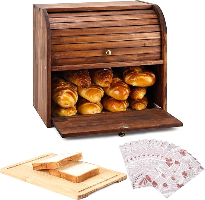 Alpeir Roll Top Bread Box with Cutting Board for Kitchen Countertop, Brown | Large Breadbox with Ventilation Holes, Double Layer Pantry Shelf, Wooden Homemade Bread Storage Container, Vintage Farmhouse
