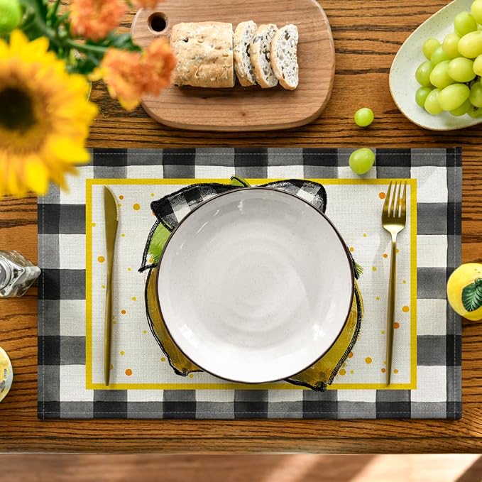 Artoid Mode Buffalo Plaid Lemon Placemats for Dining Table, 12 x 18 Inch Summer Seasonal Decoration Rustic Washable Table Mats Set of 4
