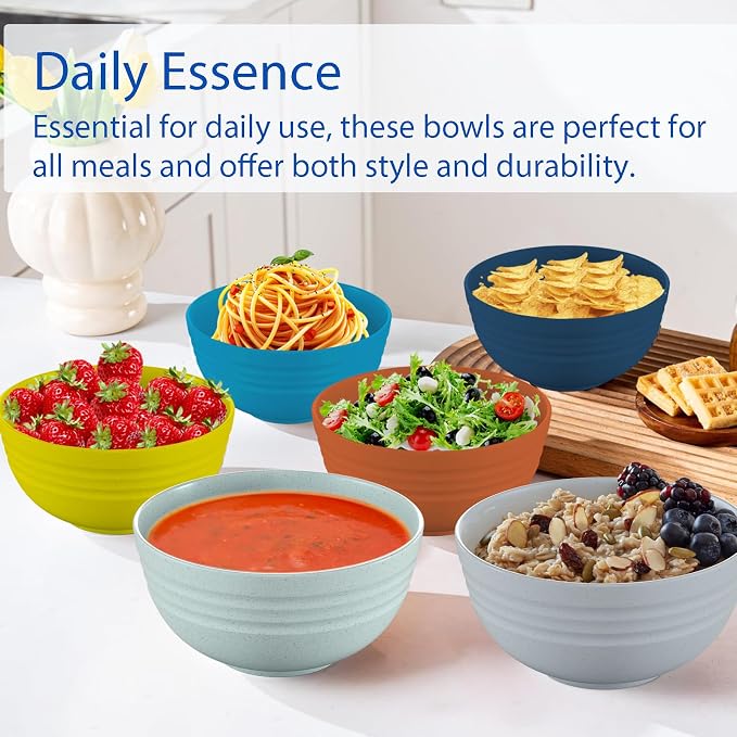 24 OZ Wheat Straw Cereal Bowls Set of 8, Unbreakable & Reusable Bowls, BPA Free Eco Friendly, Microwave & Dishwasher Safe, Multi Color Bowls for Ramen, Soup, Salad