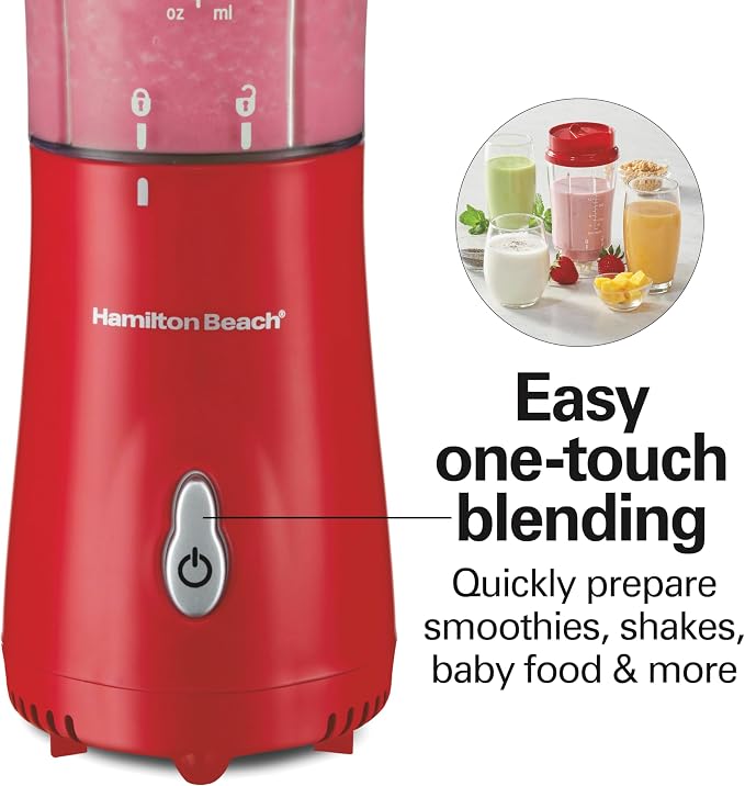 Hamilton Beach Portable Blender for Shakes and Smoothies, 14 Oz BPA Free Travel Cup & Lid, Durable Stainless Steel Blades, Personal Smoothie Blender, Red (51101RV)