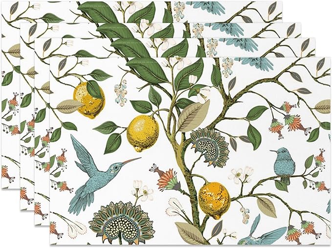 Lemon Tree Blue Bird Flower Placemats Set of 4 Seasonal Washable Linen Cotton Table Mats for Party Kitchen Dining Decoration 12x18 Inch
