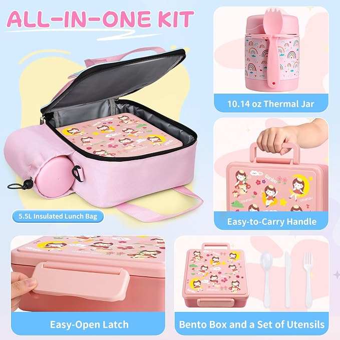 REDSHELL Kids Bento Lunch Box Set, Insulated Lunch Bag for Girls, Pink | Toddler 5-Compartment Lunchbox, Leakproof Food Jar, Snack Container, School Daycare, Bottle Holder, Adjustable Shoulder Strap