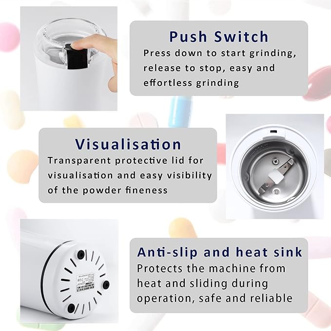 Multifunctional Electric Pill Crusher Grinder- Grind The Medicine and Vitamin or Coffee Beans Tablets of Different Sizes into Fine Powder-Grinder for Feeding Tubes, Children or Pets (White)