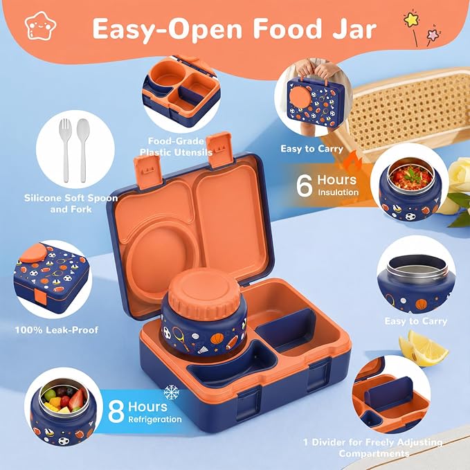 Bento Box for Kids, Leakproof Kids Lunch Box with 8.5OZ Thermo Food Jar & Lunch Bag, 3-4 Compartments Toddler Insulated Lunch Box for Boys, BPA Free Lunch Containers for School Daycare