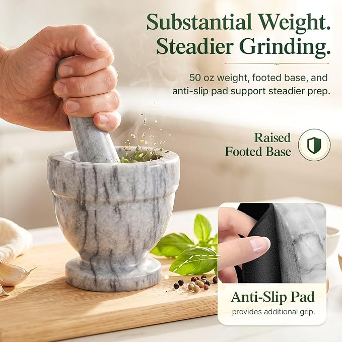 Flexzion Mortar and Pestle Set, White - Solid 4 inch Heavy Granite Molcajete Stone Grinder Crusher Bowl for Guacamole, Herbs, Spices, Garlic, Medicine Pills, Grain, Kitchen, Cooking | Crush Herbs, Spices and Garlic or Prepare Guacamole In a Compact Gri...