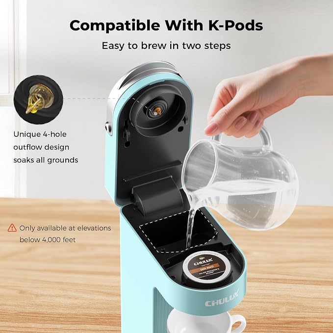 CHULUX Slim Single Serve Coffee Maker, Lightweight Pod Coffee Machine, Cyan | Fast-Heating Boiler System, 4-Hole Needle for Richer Flavor, Adjustable Drip Tray for 7.3" Travel Mug, Food Grade Material