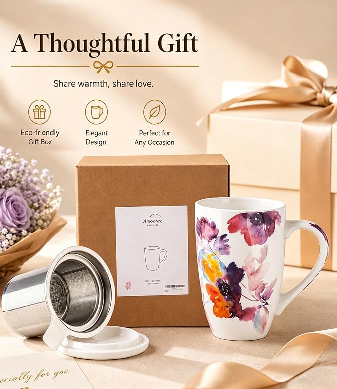 AmorArc Tea Cup With Infuser and Lid, 18oz Loose Leaf Tea Mug With Steeper | Porcelain Tea Mug With Infuser and Lid, Strainer Tea Cup for Tea Lovers, Home & Office, Housewarming Birthday Gift