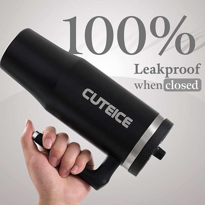 100% Leakproof Iced Travel Coffee Tumbler with Lid and Handle 30 oz Black Flip Straw Water Bottle for adults Dishwasher Safe Insulated Stainless Steel Water Cup for Car Office Black