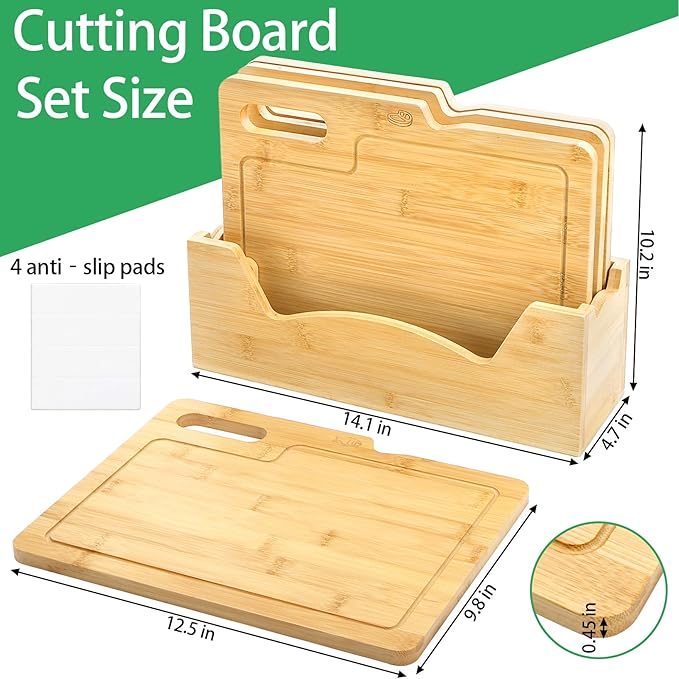 4 Pack 12.5"L x 9.8"W Bamboo Cutting Boards with Holder, Wood Cutting Board Set, Chopping Boards Set with Food Icons, Kitchen Cutting Board Ideal for Meat, Fish, Bread, Vegetable, Fruit