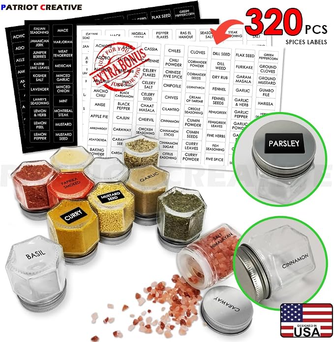 Patriot Set of 21 Large 4oz Magnetic Spice Jars for Refrigerator, Hexagon Glass Magnetic Spice Jars with Shaker Lids and Labels for Kitchen RV Travel Trailer, Magnetic Spice Containers for Fridge