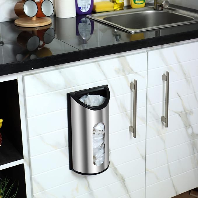 Utopia Kitchen Wall-Mounted Stainless Steel Grocery Bag Holder, Silver | Space-Saving Plastic Bag Holder for Kitchen, Pantry or Cabinet, Reusable Plastic Bag Organizer