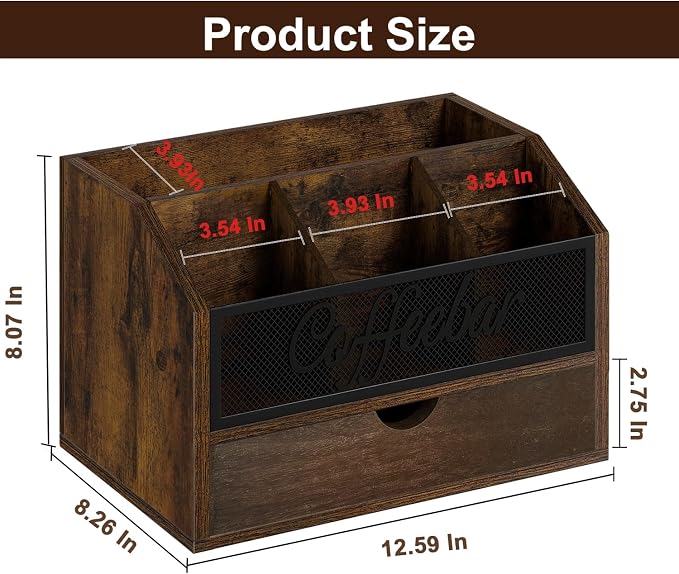 YINMIT Coffee Station Organizer with Drawer for Countertop, Wood Coffee Bar Organizer with Removable Dividers for Pods, Syrup, Cups, Stirrer, Tea, Iron Mesh-Vintage Brown, 2 Tier