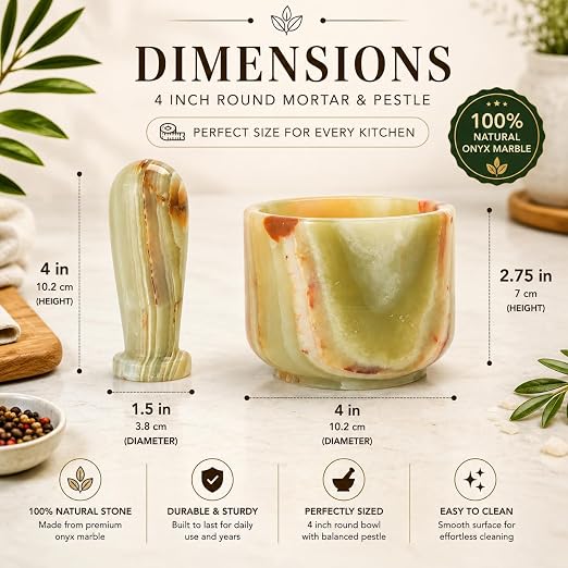 Mortar and Pestle Set, Round, 4 Inch and 2.5 Inch Mini (Green Onyx, 4 Inch)