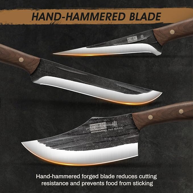 HOSHANHO Butcher Knife Set, Sharp Kitchen Knife Set & Roll Bag Gift for Men | Hand Forged 8PCS Butcher Chef Knife Set with Meat Cleaver Knife & Bone Chopper Knives & Fillet Knives for Home, Camping, BBQ