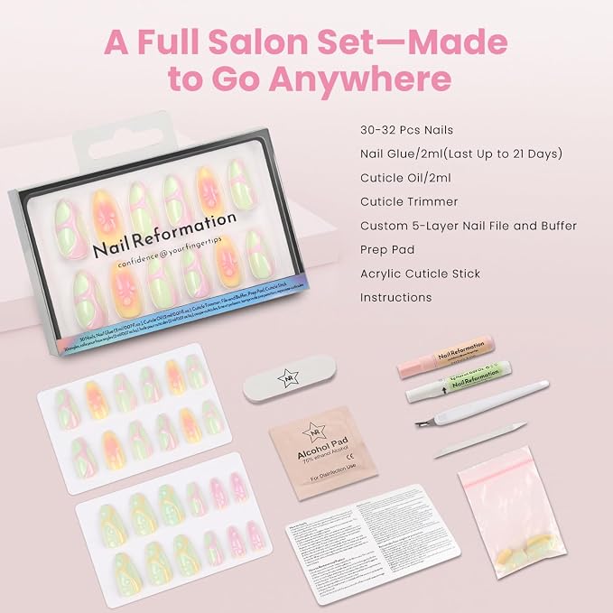 Nail Reformation Press On Nails, Pop Culture | 3D Bubble Medium Almond | 15 Sizes 30 Pcs Fake Nails in Vibrant Colors in Glossy Finish, Salon Quality Reusable Stick On Nail Kit Gifts for Women Gifts