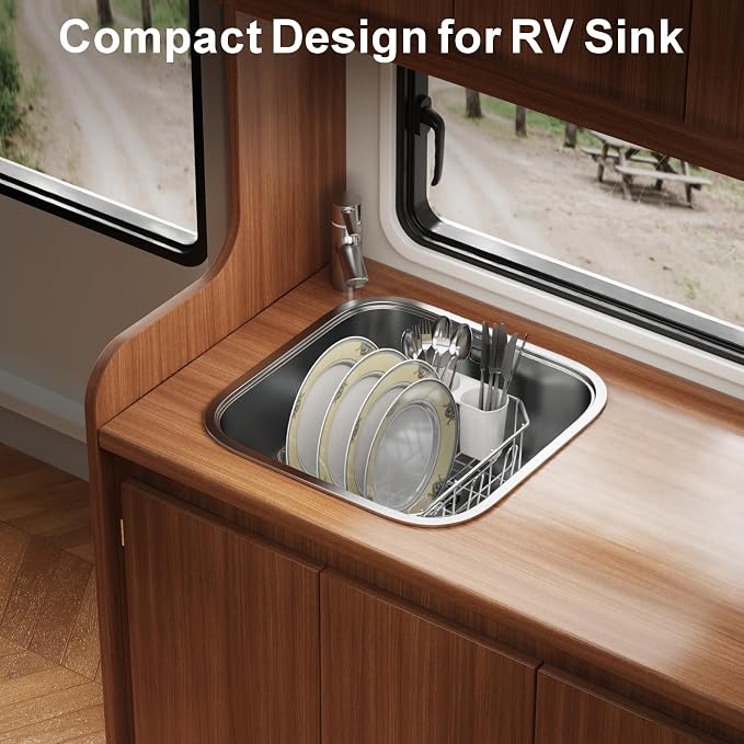 Mini in Sink Dish Drying Rack - Stainless Steel for RV Kitchen | Small Design for Apartments, Angled Corners Fit Square & Round Sinks, Utensil Holder, Cup Hooks, Save Space, 9.5" W x 13.4" L